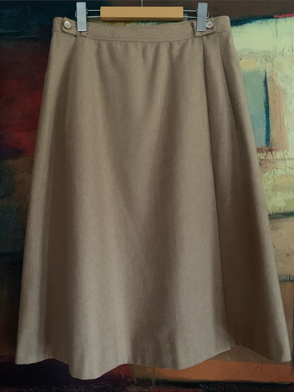 Vintage Wool Blend Midi Wrap Skirt in Camel Colour, Sz M